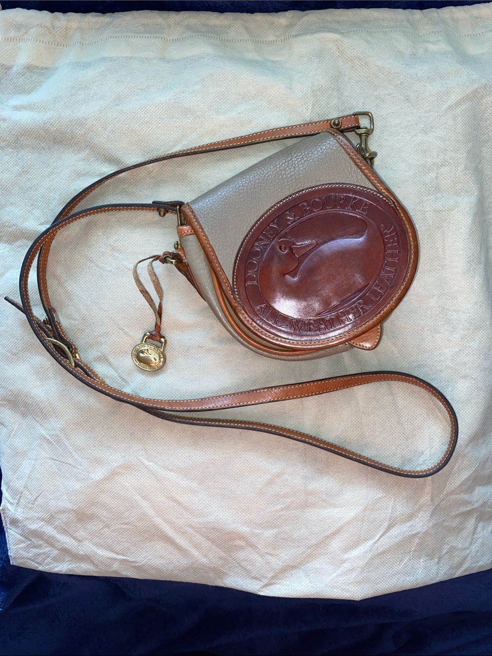 Dooney & Bourke Awl Big Duck Taupe and Brown Leather Saddle Crossbody Bag